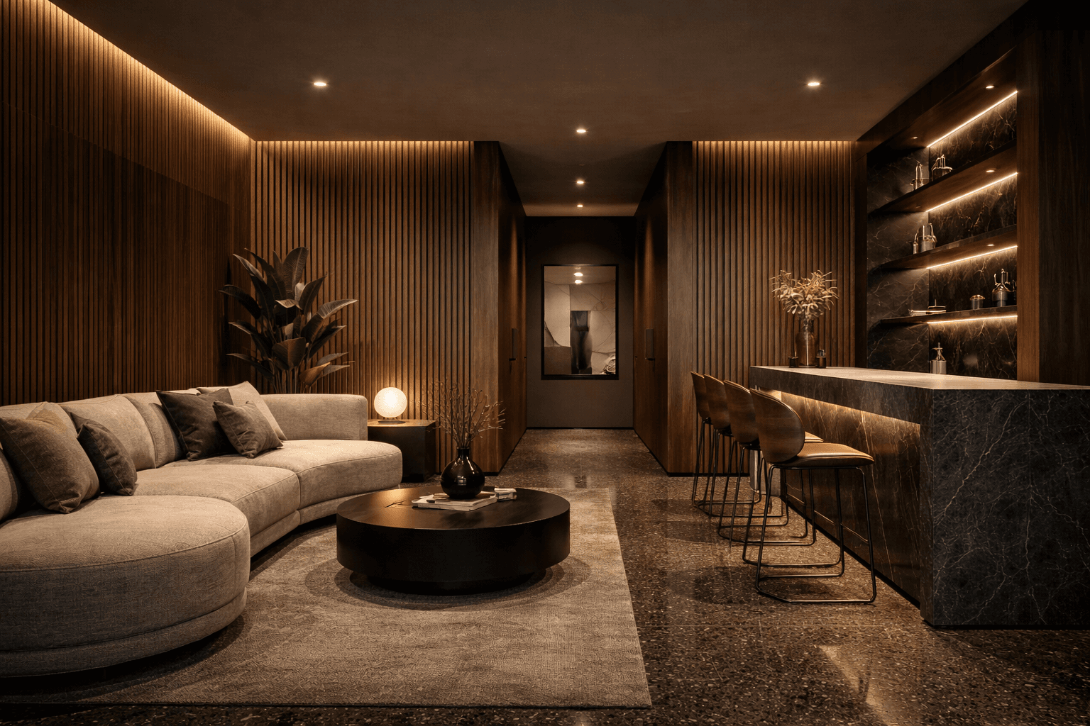 Lounge mekânda ahşap lameli akustik panel uygulaması